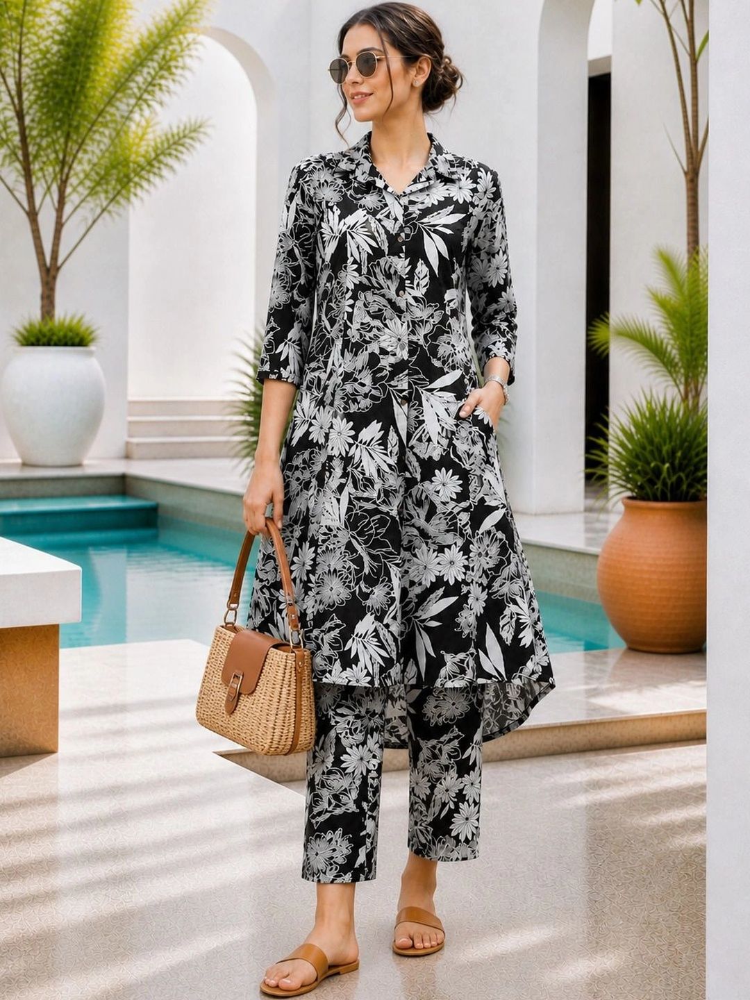 Pistaa Floral Printed Regular Pure Cotton Kurta with Trousers