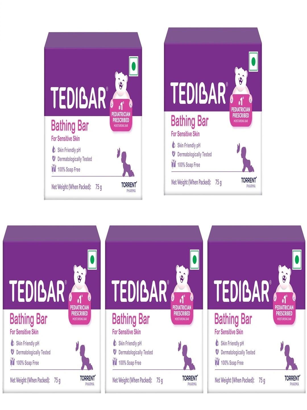 Tedibar Set Of 5 Moisturizing Baby Bathing Bar - 75 g Each