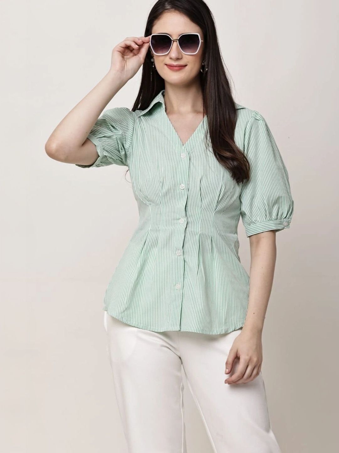 Jivitha  Women Green Cotton Puff Sleeve Stripe Shirt