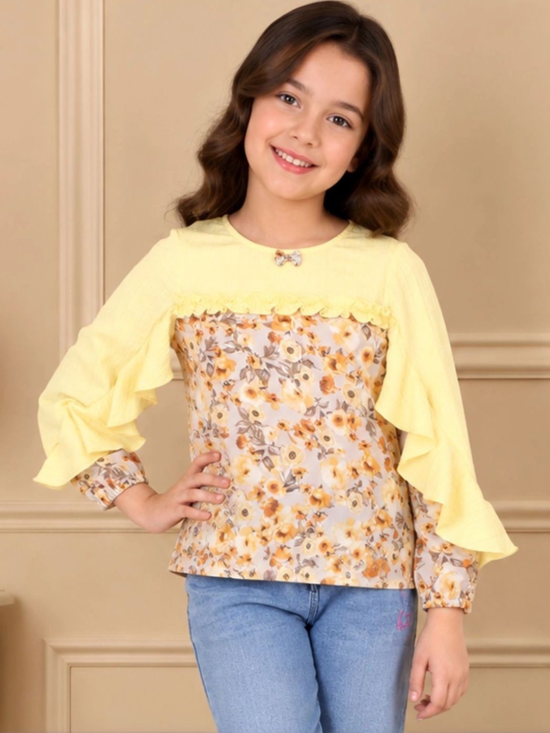 CUTECUMBER Girls Floral Printed Flared Sleeves Ruffles Regular Top