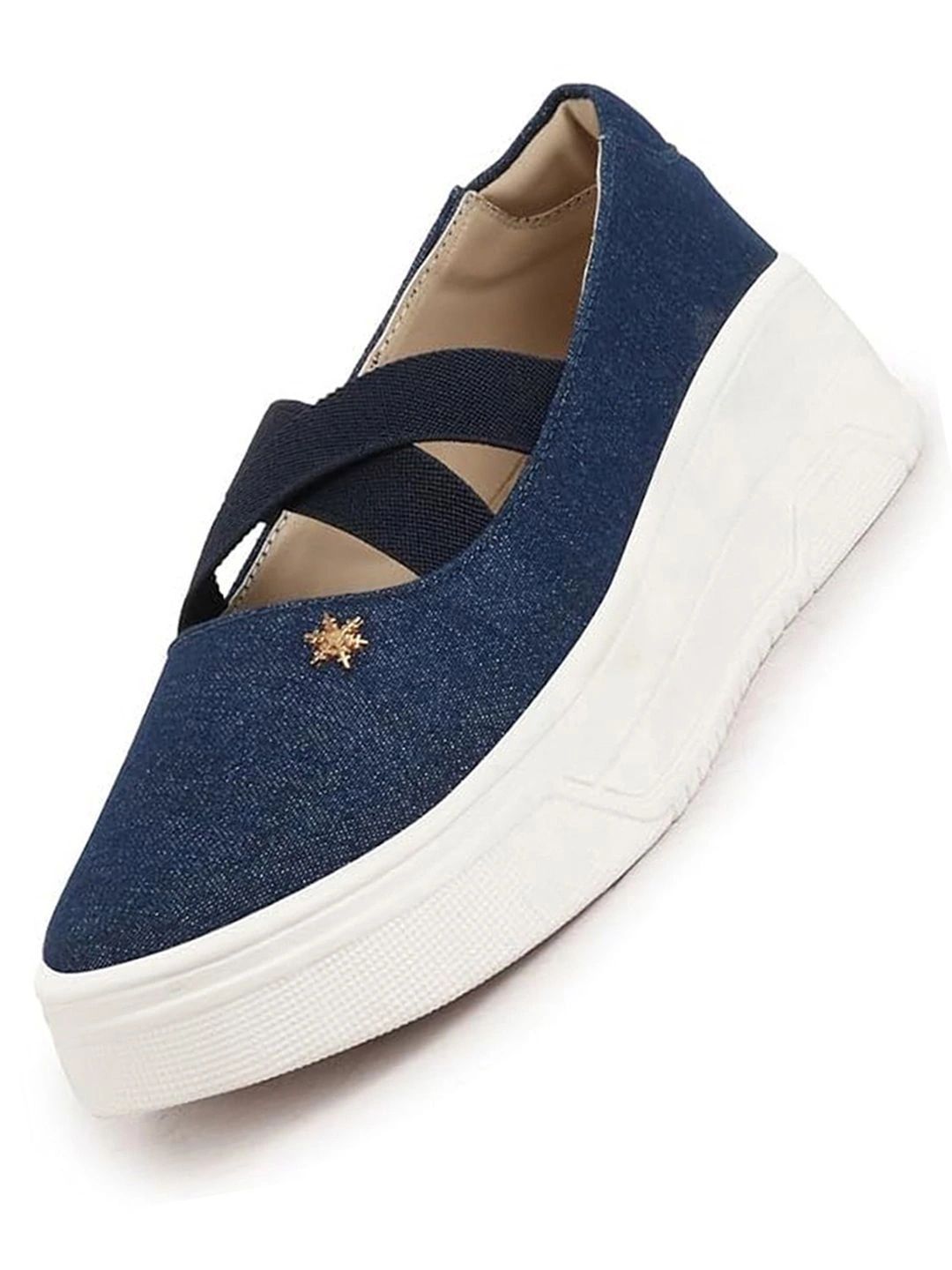 FAUSTO Women Elastic Closure Cross Strap Denim Slip On Height Enhancer Ballet Styled Shoes