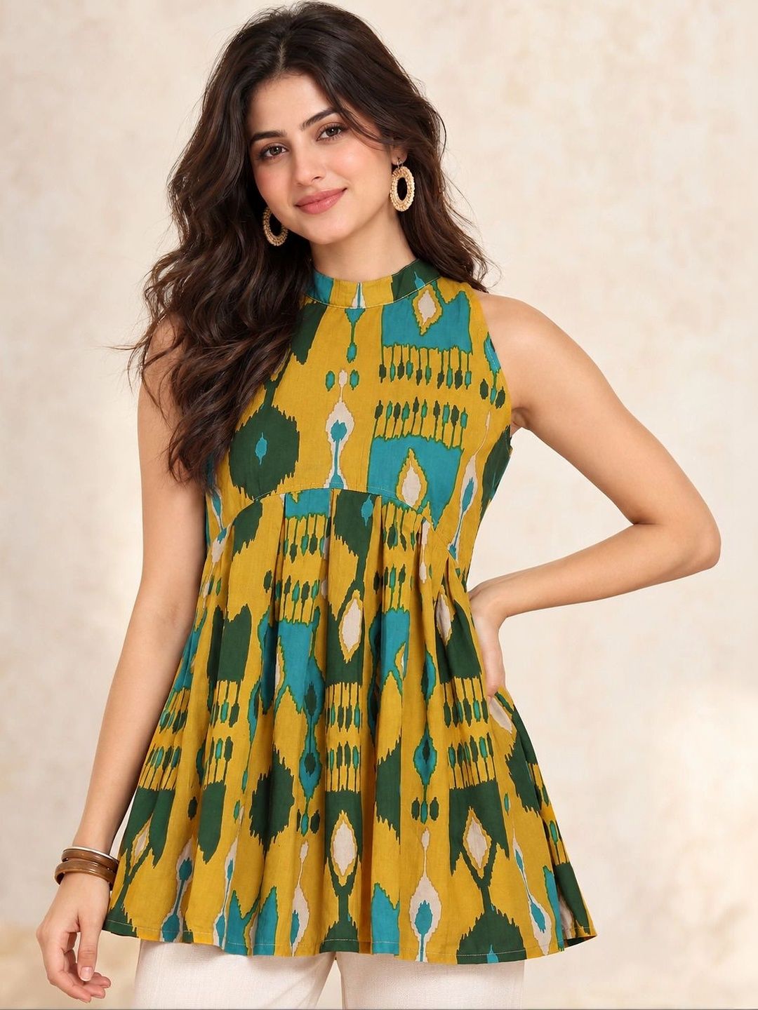 GULMEHAK Women Geometric Printed Sleeveless Cotton Tunic