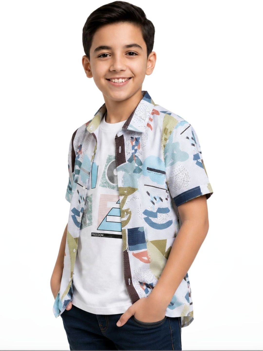 CAVIO Boys Comfort Abstract Printed Pure Cotton Casual Shirt With T-shirt