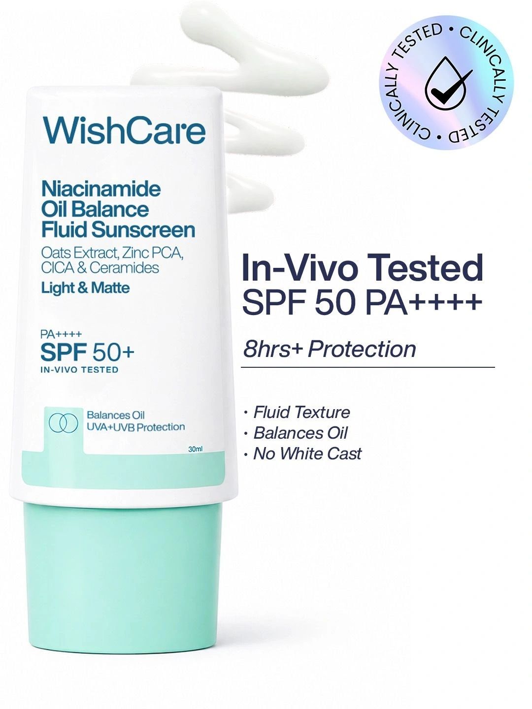 WishCare SPF50 Niacinamide Oil Balance Fluid Sunscreen for Face - In-Vivo Tested