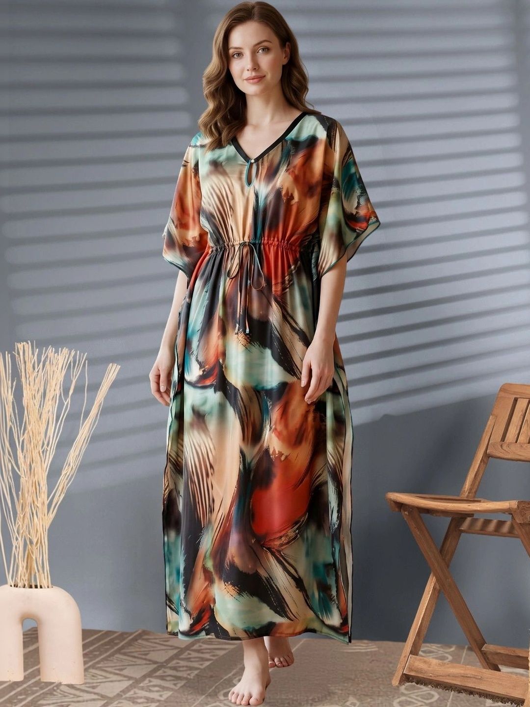 DressBerry Women Multicolor Abstract Graphic Printed V-Neck Kaftan Nighty