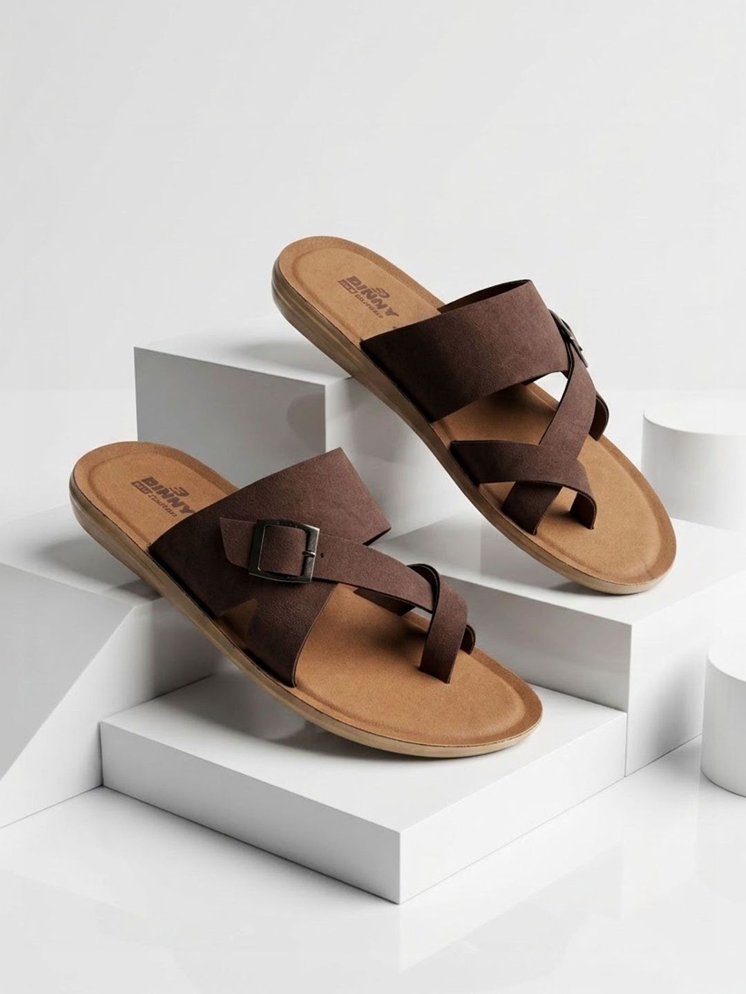 Binny Men Coffee Synthetic Comfort Toe-Ring Sandals With Buckle Strap