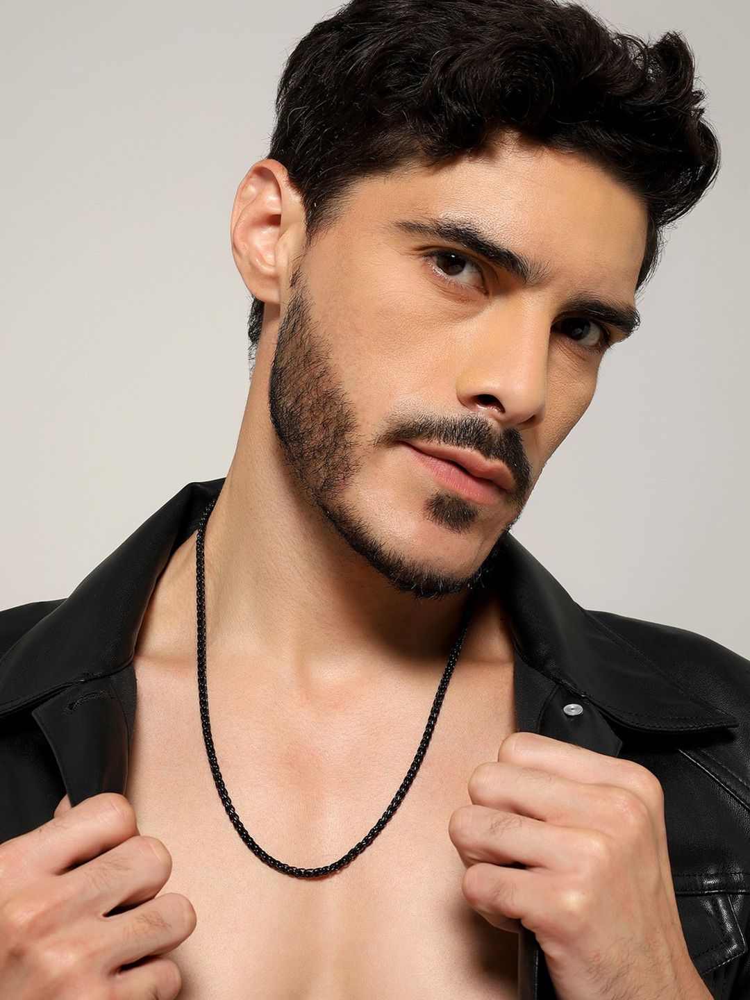 Jewelor Men Stainless Steel Black Intricate Rope Link Chain Necklace