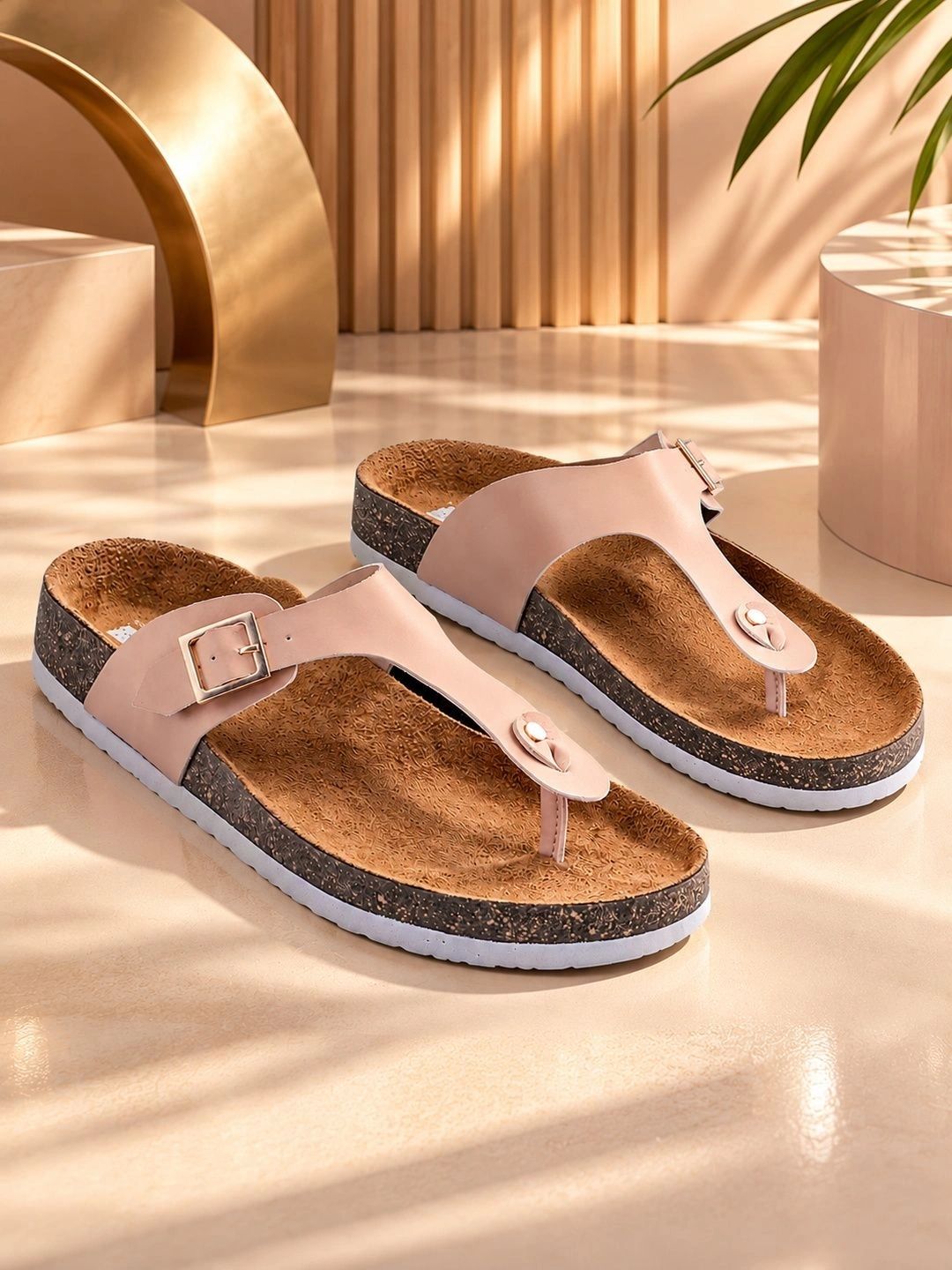 LYDC Women Pink PU Flat Sandals with Buckle Detail