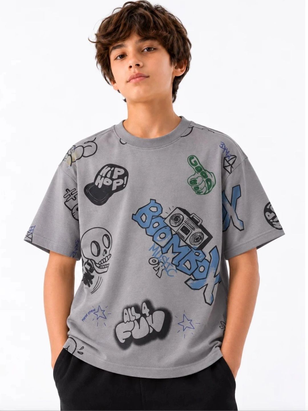 Alan Jones Boys Printed Drop-Shoulder Sleeves T-shirt