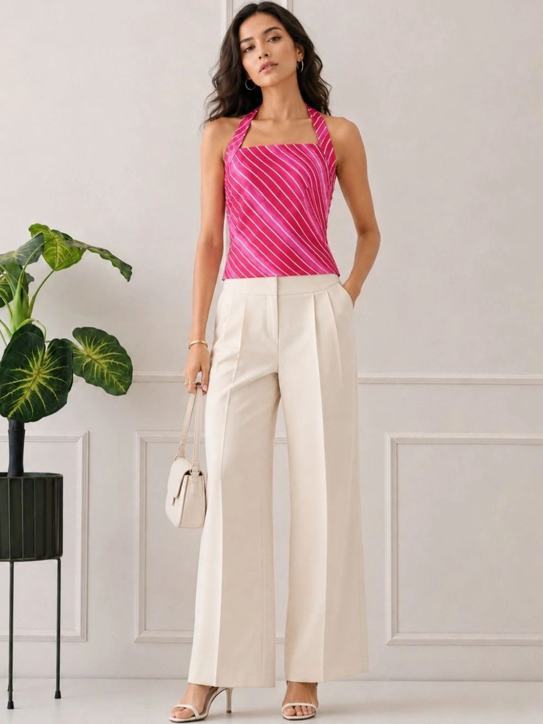KALAMIR Women Striped Halter Neck Sleeveless Cotton Top