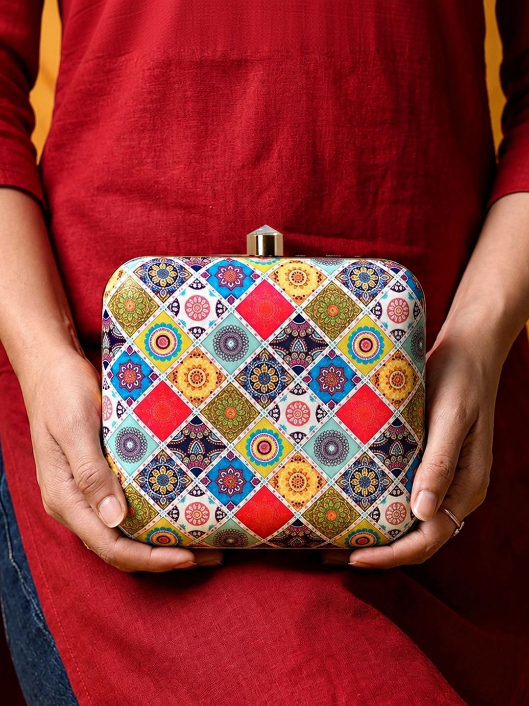 ARTKLIM Yellow & Pink Printed Box Clutch