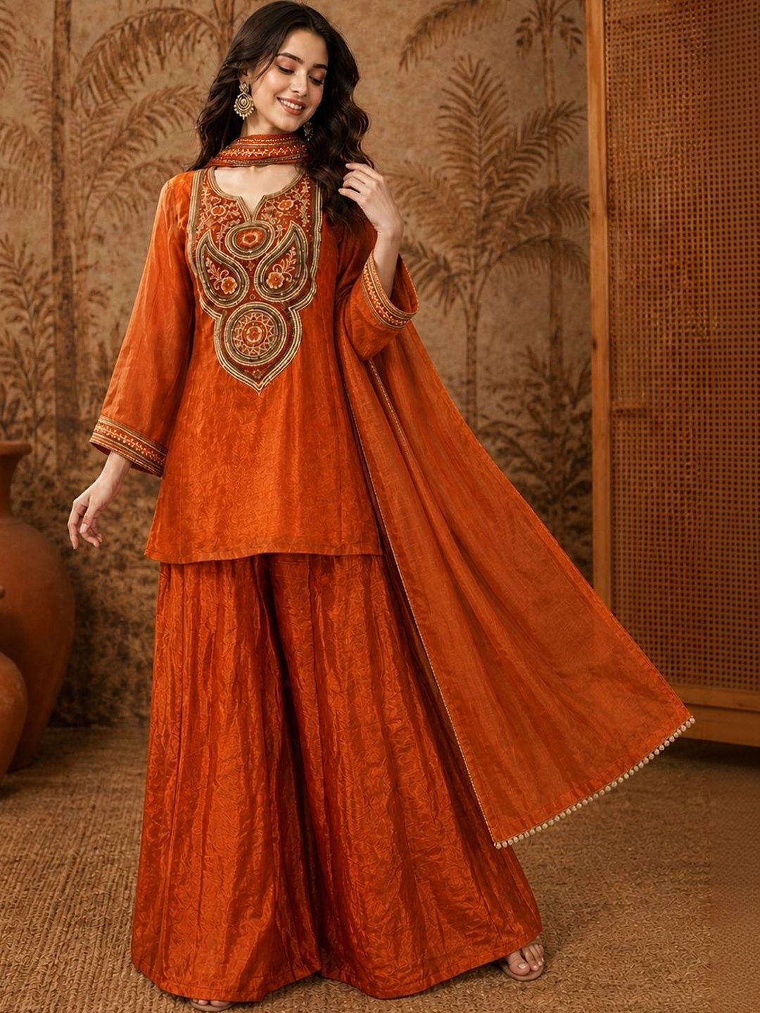 SAINOOR Women Ethnic Motifs Embroidered Regular Thread Work Kurta with Sharara & With Dupatta