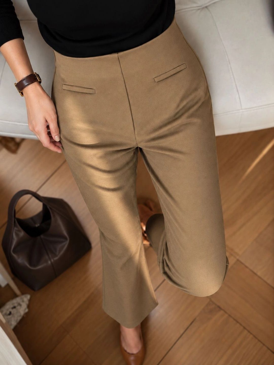 SASSAFRAS Women Bootcut Fit High-Rise 4-Way Stretch Bone Pocket Bell Trouser