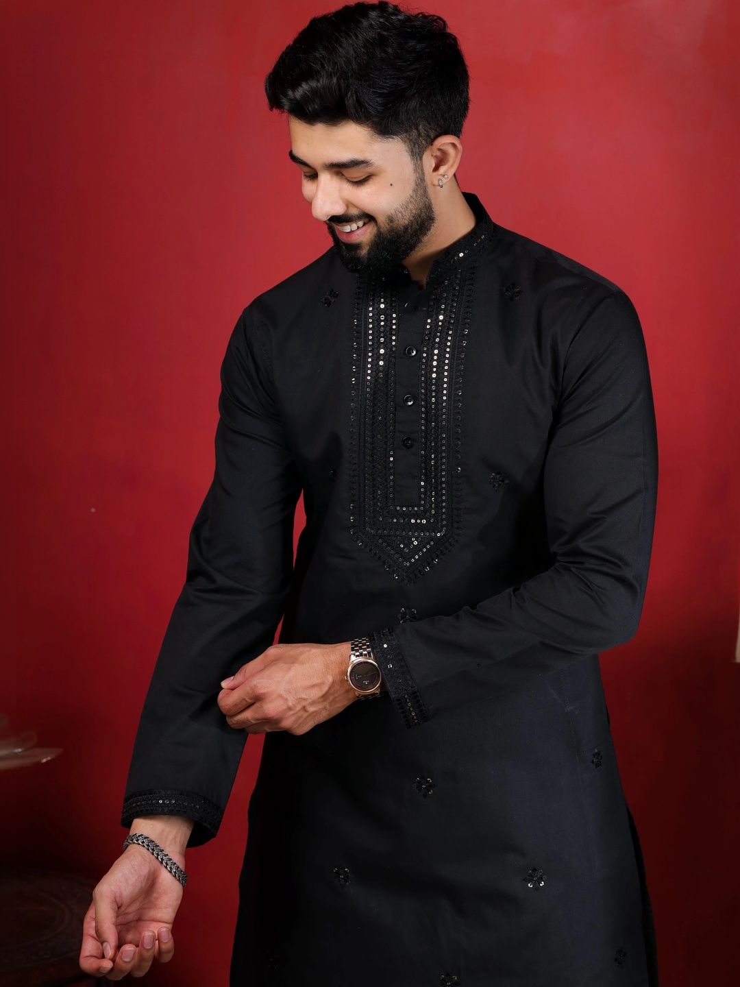 Koshin Men Embroidered Regular Sequinned Pure Cotton Kurta with Trousers