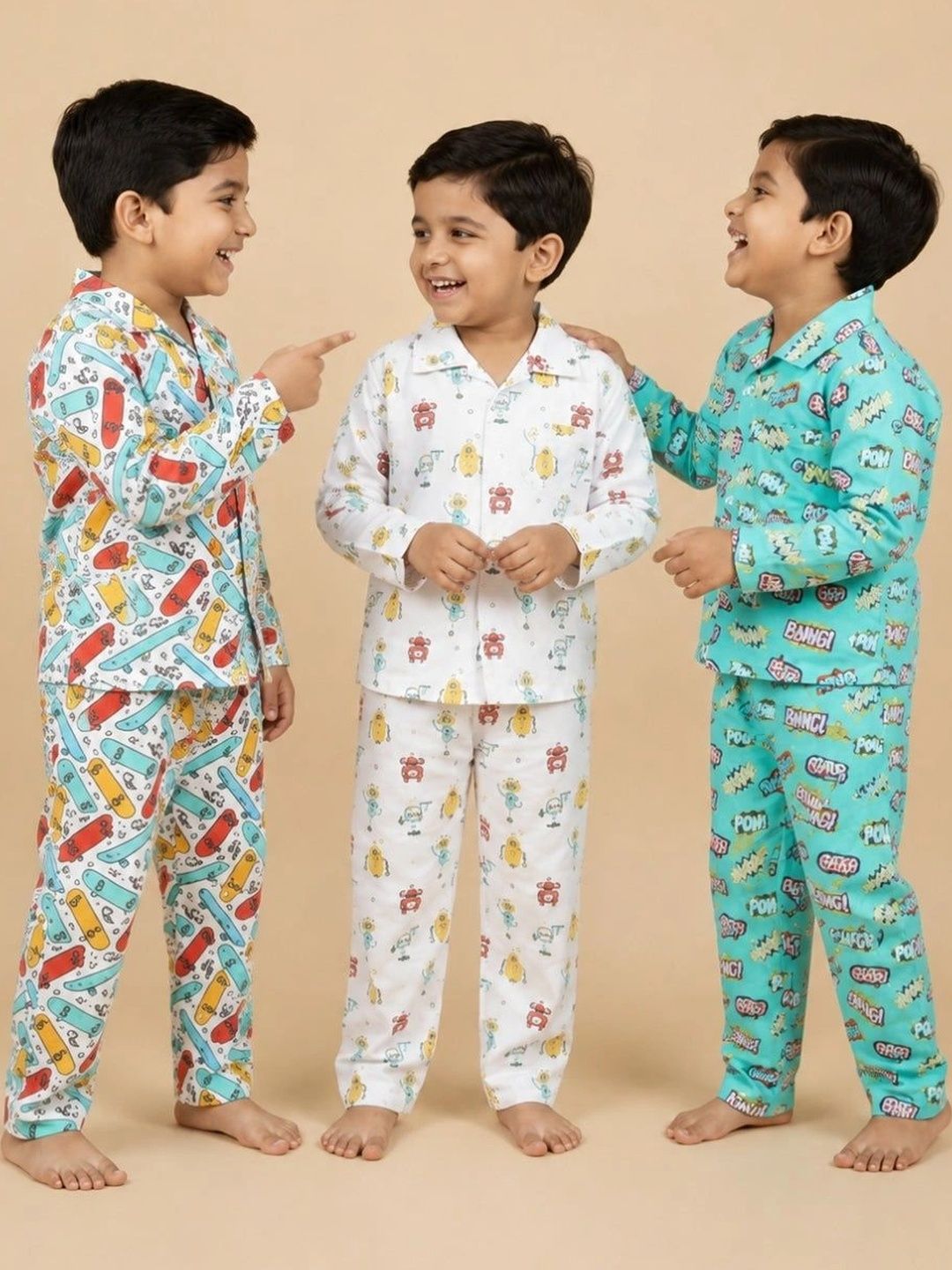 The Mom Store Kids Multicoloured Pack Of 3 Pure Cotton Night Suits