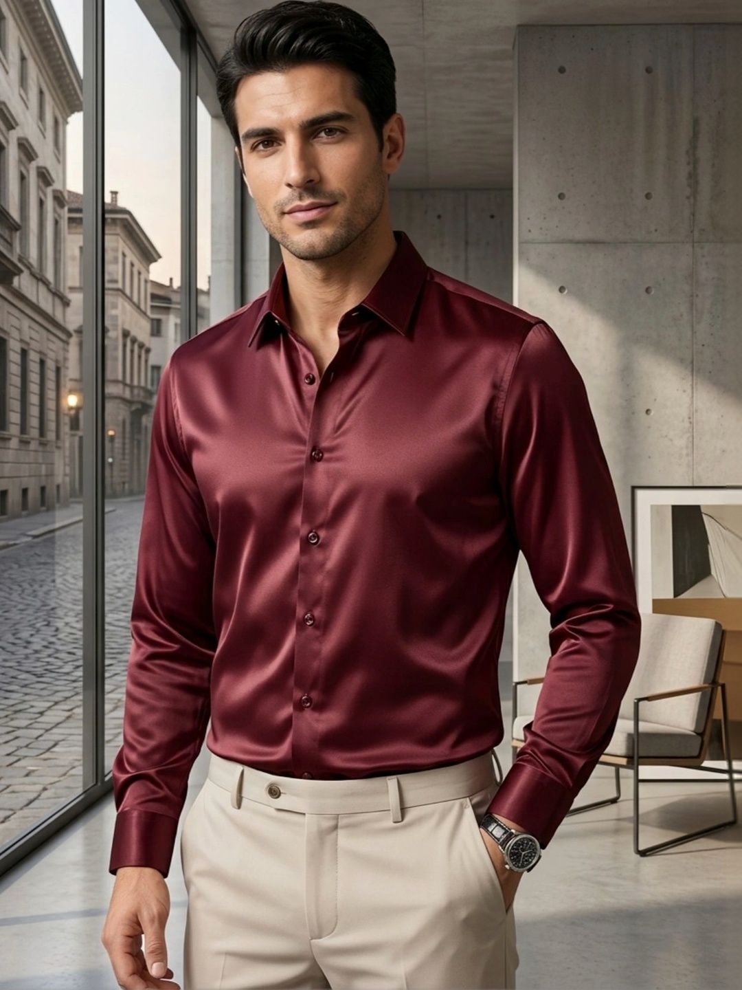 Deelmo Men Solid Spread Collar Satin Casual Shirt