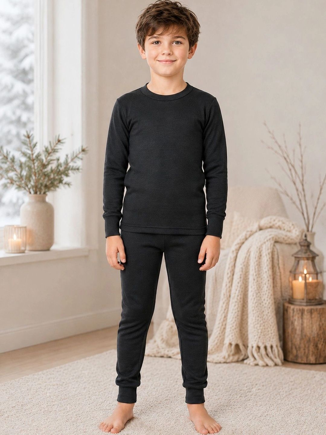 Lux Cottswool Boys Charcoal Grey Solid Knitted Cotton Slim-Fit Thermal Set