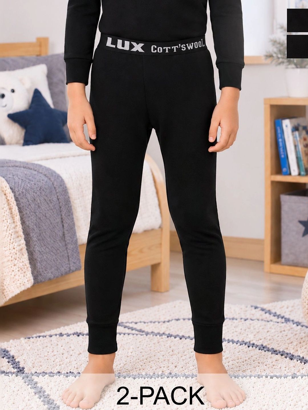 Lux Cottswool Boys Pack Of 2 Black Solid Cotton Thermal Bottoms