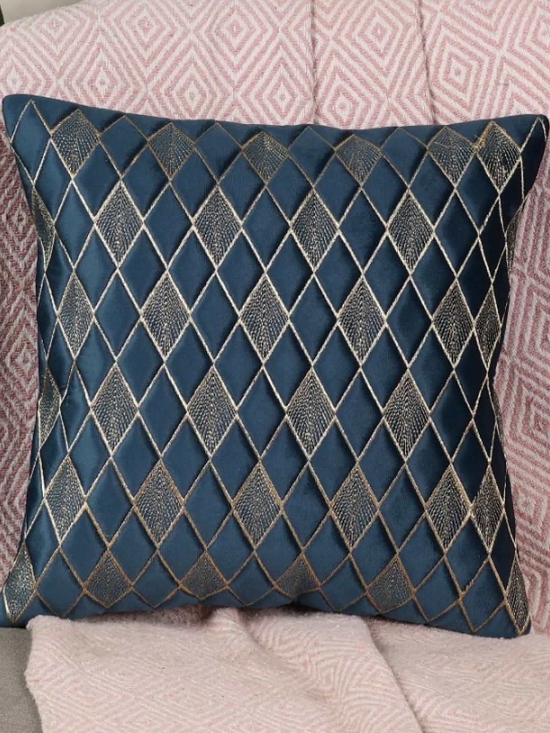 TANLOOMS Embroidered Geometric Velvet Washable 5 Pcs Textured Cushion Covers - 16 x 16 In