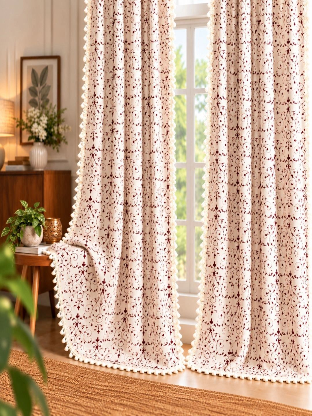 Cortina Set of 2 Maroon & White Ethnic Motifs Cotton Door Curtains - 7 Feet