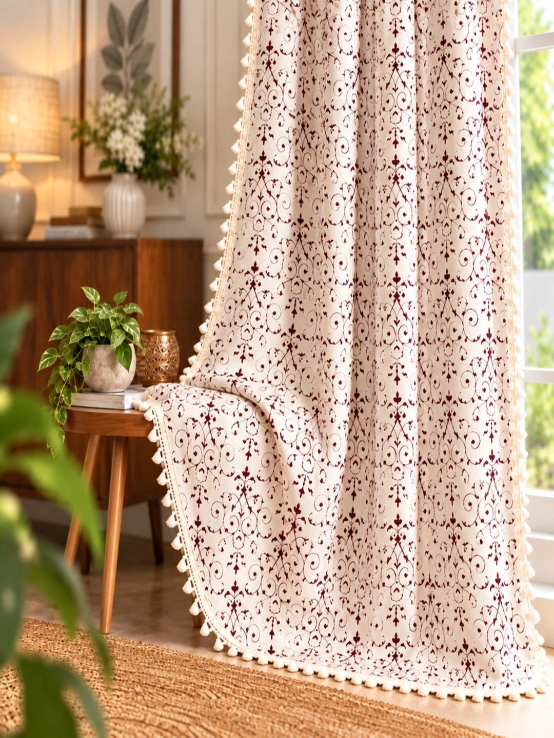 Cortina Single Maroon & White Ethnic Motifs Cotton Door Curtain - 7 Feet