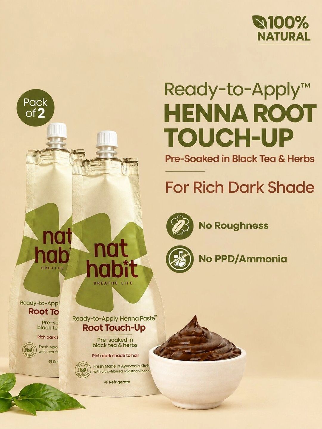 Nat Habit 2Pcs Root Touch Up Henna with Black Tea & Herbs 60g each - Rich Brown
