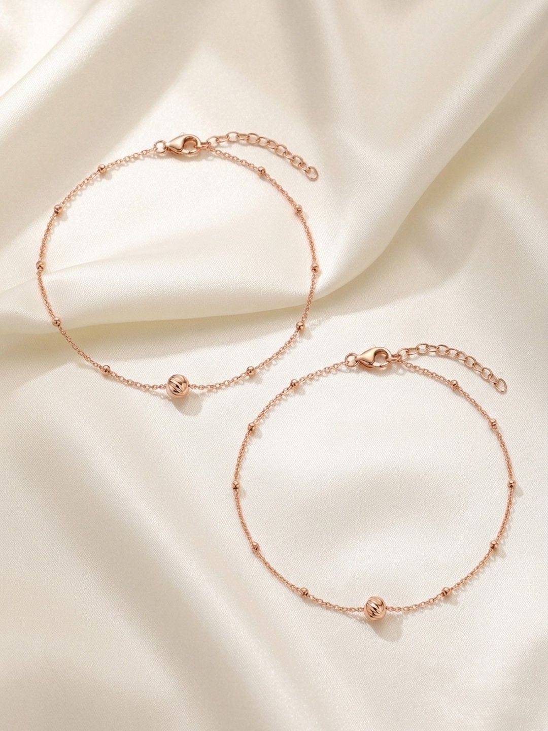 Buy 925 SILLER 925 Pure Sterling Silver Rose Gold Beaded Rhodium Plated Anklet Set Of 2 -  - Accessories for Women