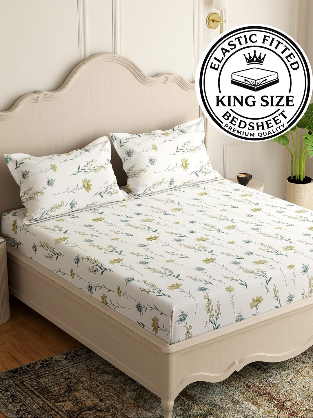 Buy Pure Decor White Floral 180 TC King Elastic Fitted Double Bedsheet With 2 Pillow Covers -  - Home for Unisex