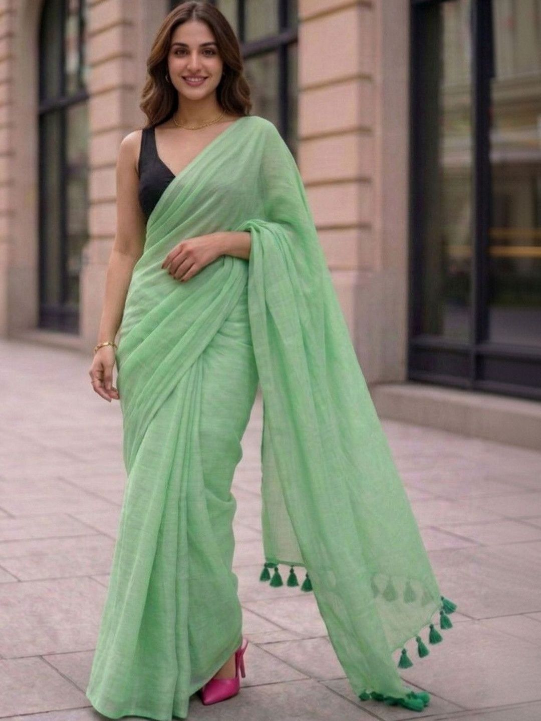 MAYIN India Women Mint Green Solid Plain Mul Cotton Saree