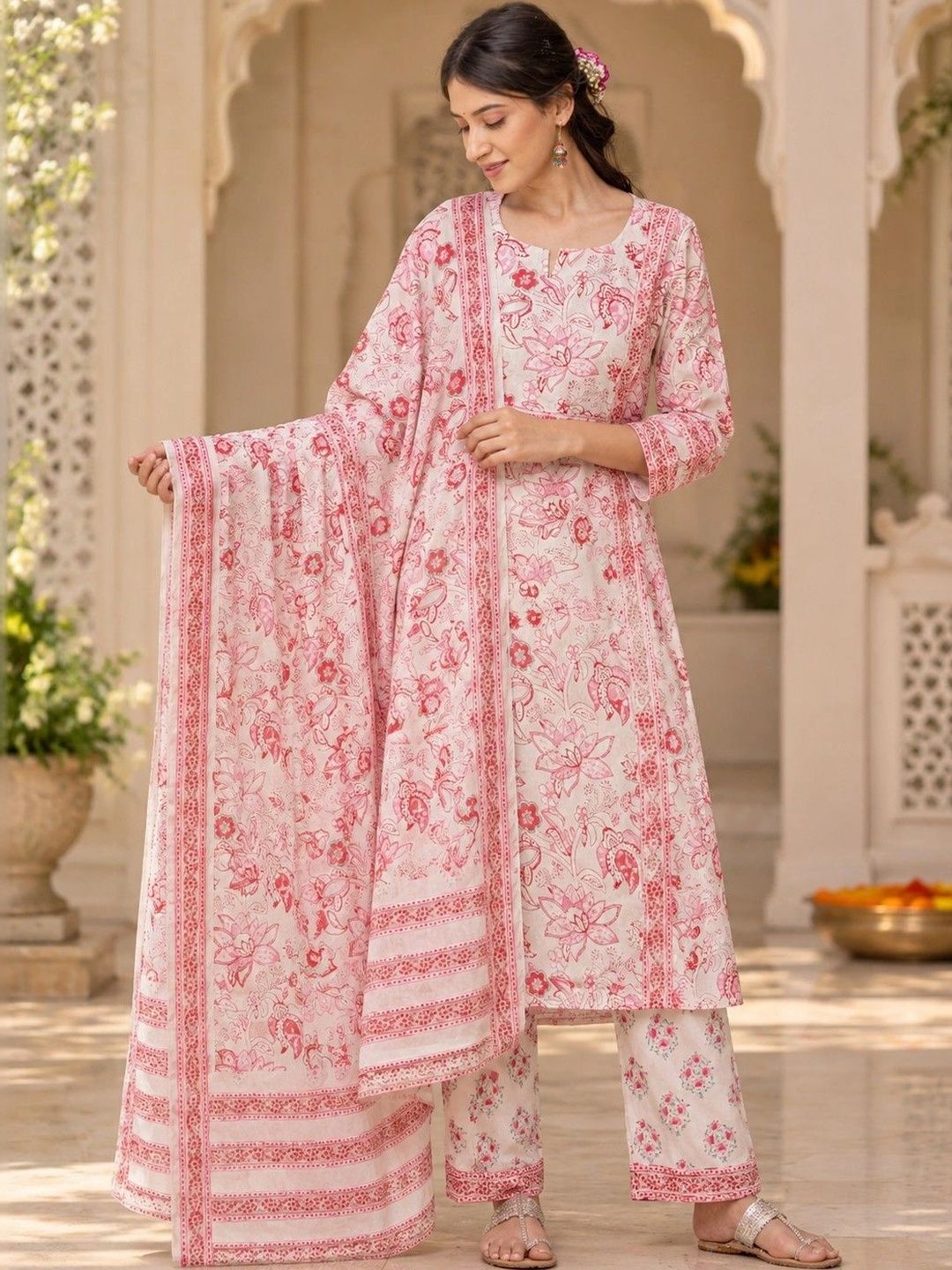 HERE&NOW Women Floral Printed Regular Kurta with Trousers & Dupatta