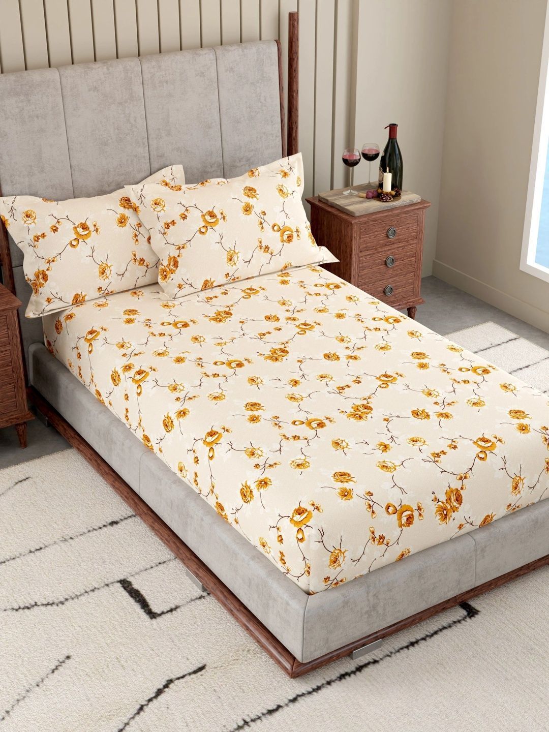 Pure Decor Yellow Floral 180 TC Single Bedsheet with 2 Pillow Covers