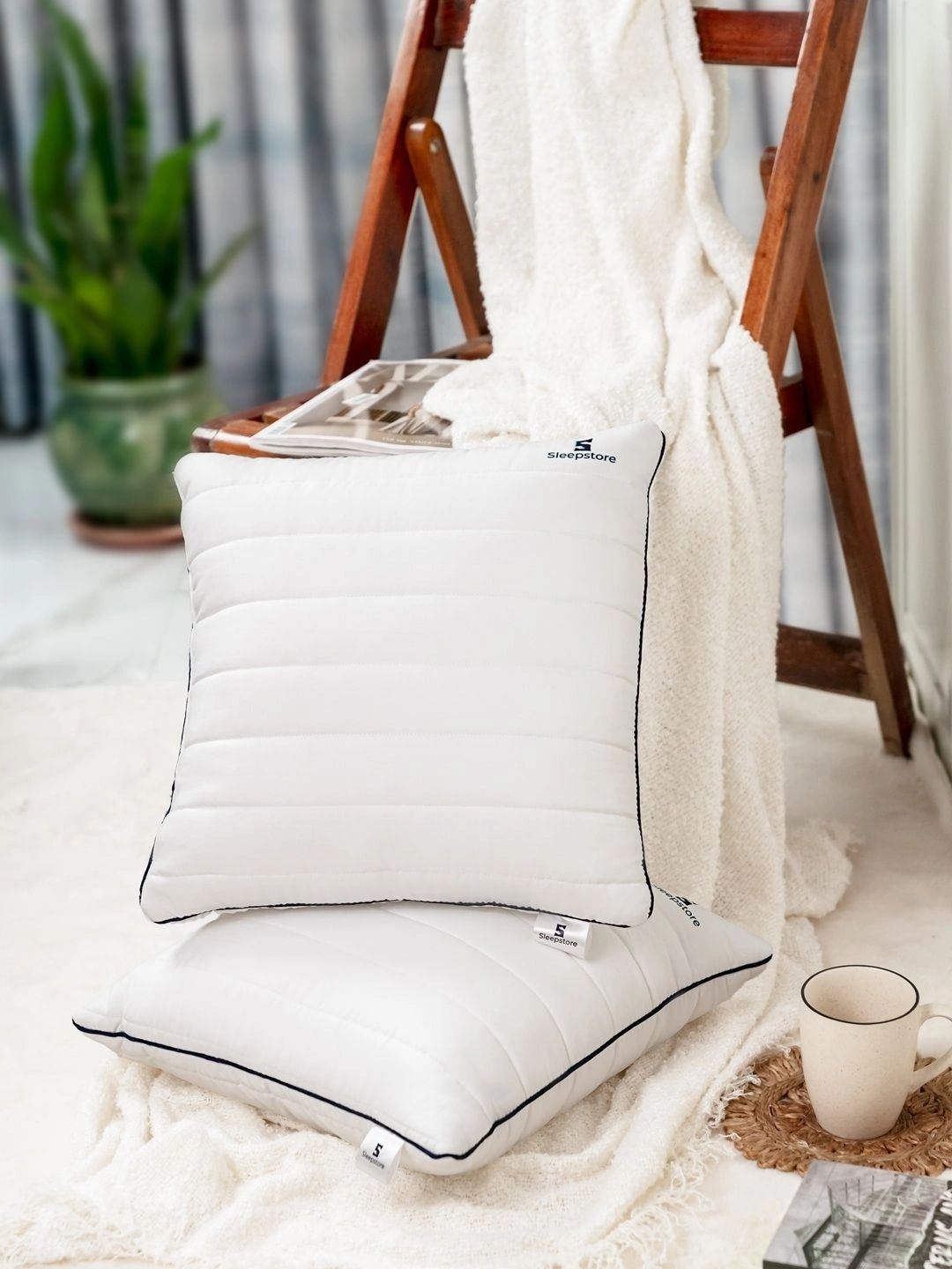 Sleepstore Granules White Quilted 2 Pcs Square Luxury Soft Cushion 16 x 16 Inches