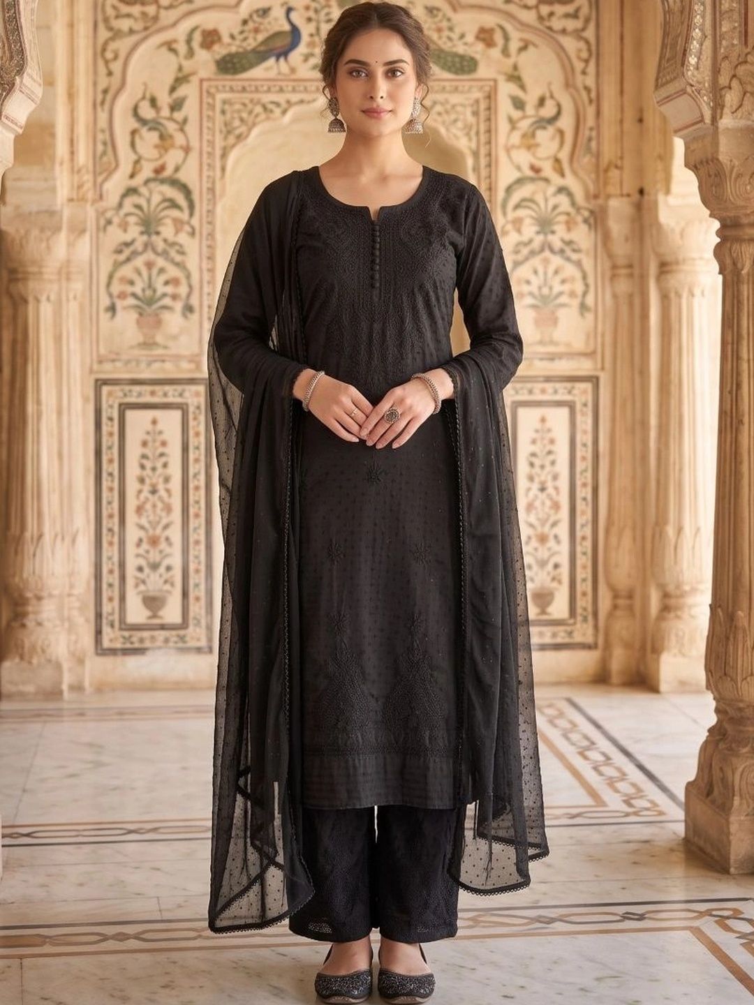 FashionChikan Art Ethnic Motifs Embroidered Chikankari Kurta with Palazzos & Dupatta