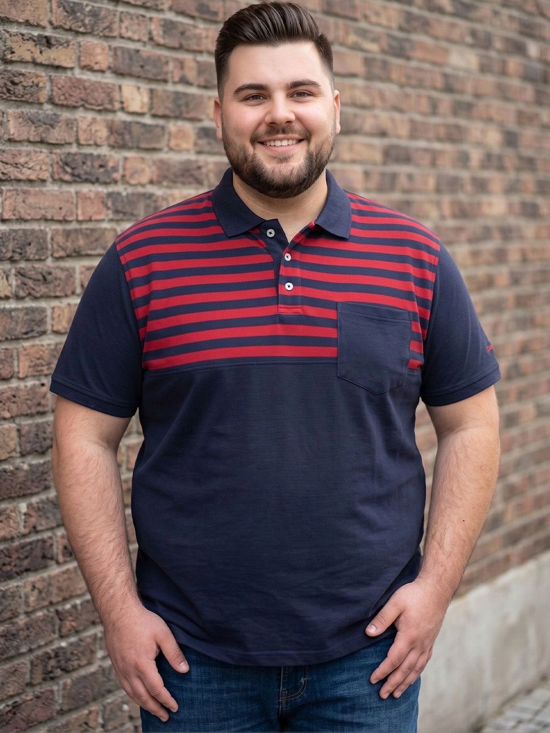 bigbanana Men Plus Size Navy Blue & Red Striped Polo Collar Bio Finish T-shirt