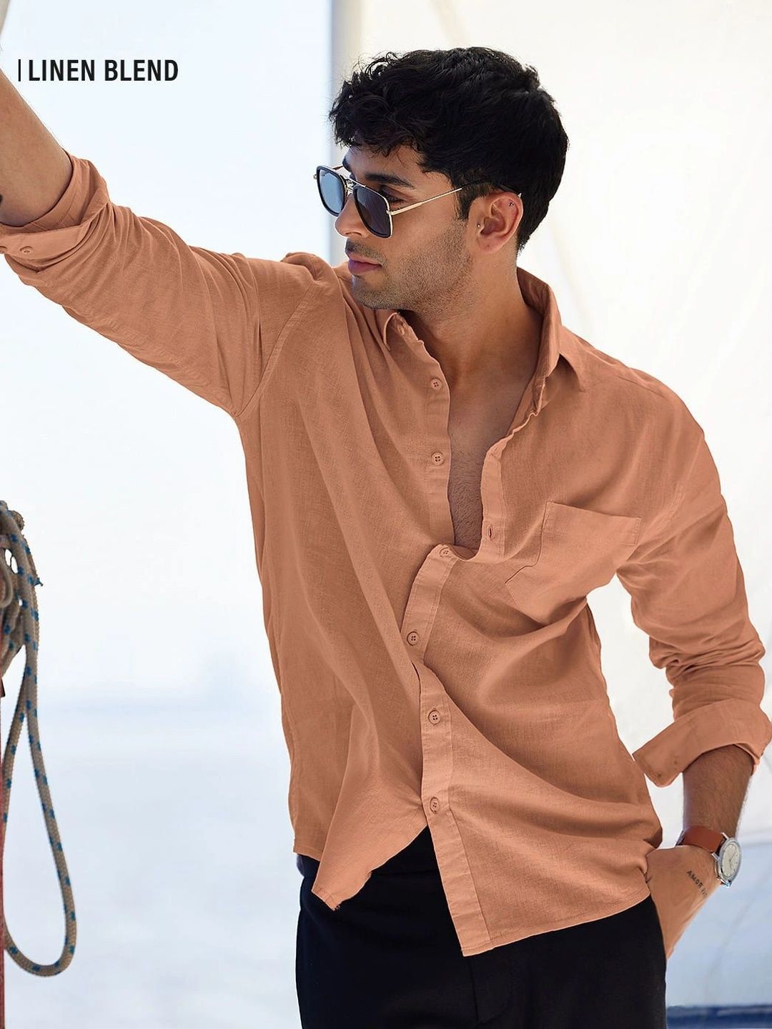 The Souled Store Men Coral Peach Solid Orange Regular Fit Cotton Linen Shirts