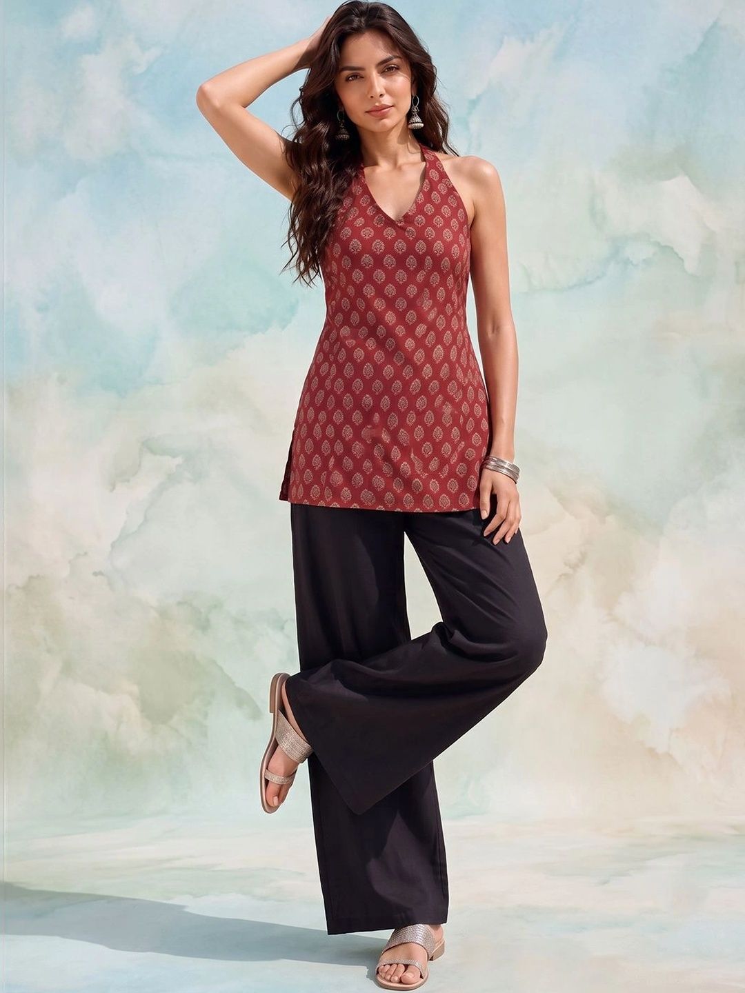 AADVIKA women Halter Neck Kurti with Ethnic Motifs Print