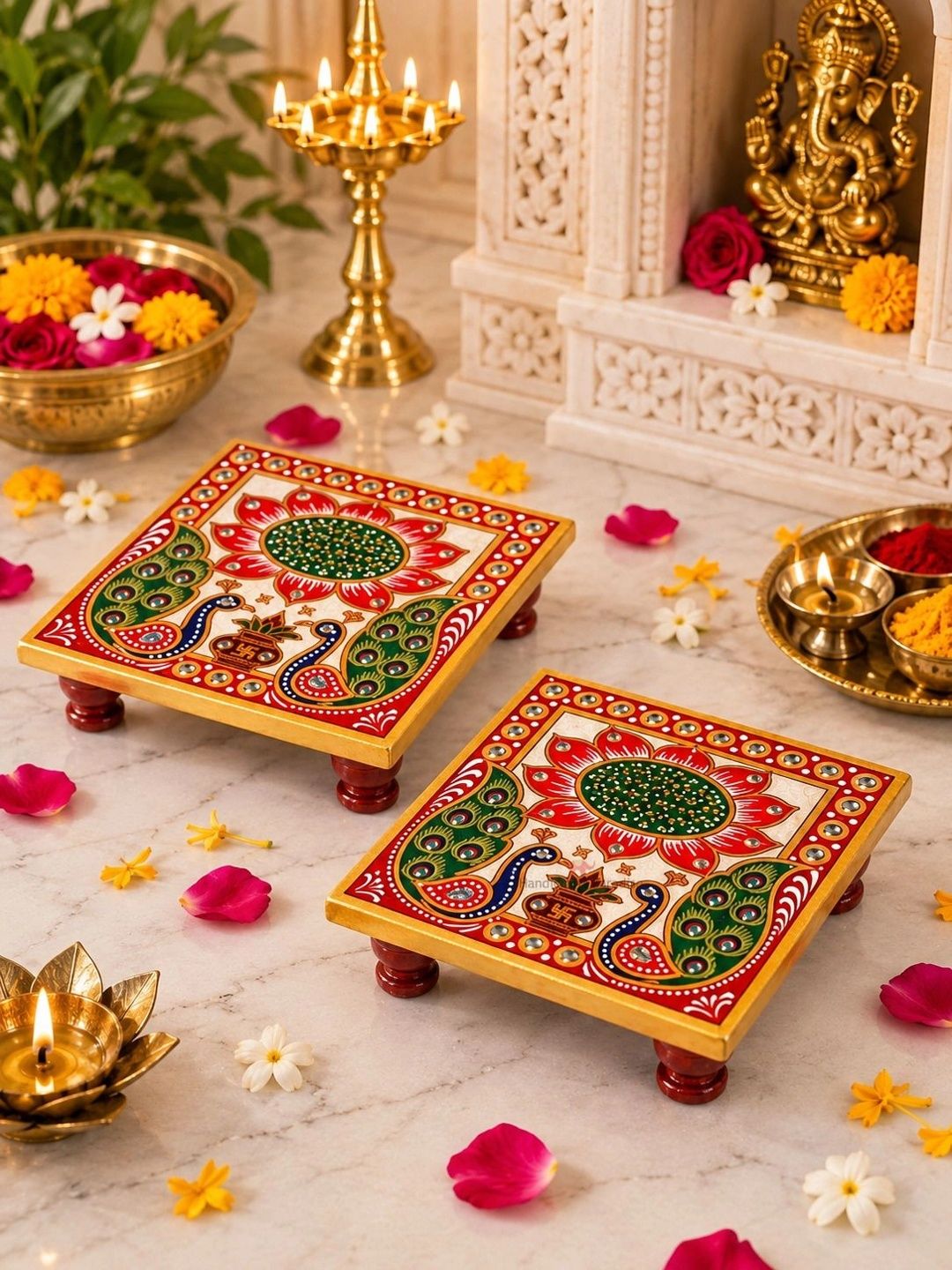 HANDICRAFTS PARADISE Peacock Marble 2 Piece Hand Painted Ganesh Chaturthi Chowkie
