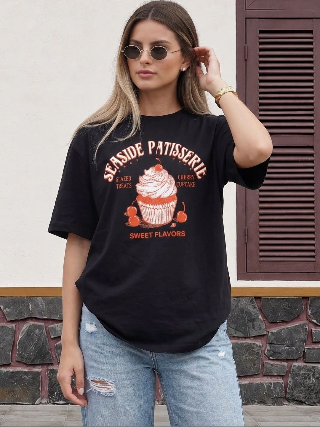 JUNEBERRY Women Black Typography Printed Relaxed Fit Pure Cotton Oversized T-shirt