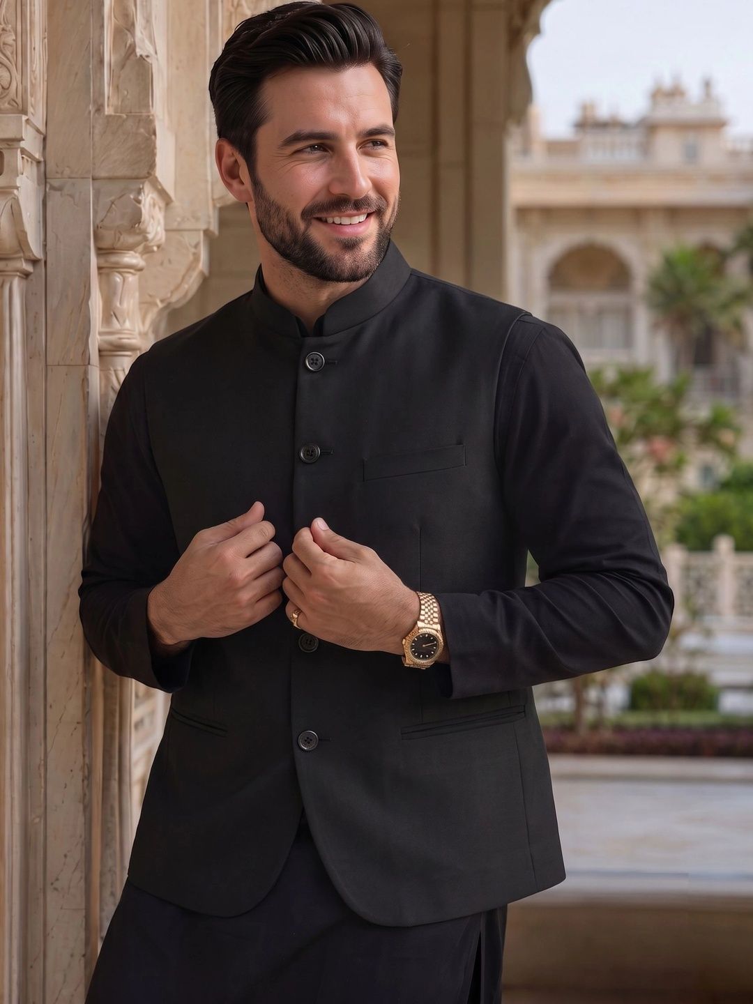 BAESD Woven Mandarin Collar Nehru Jacket