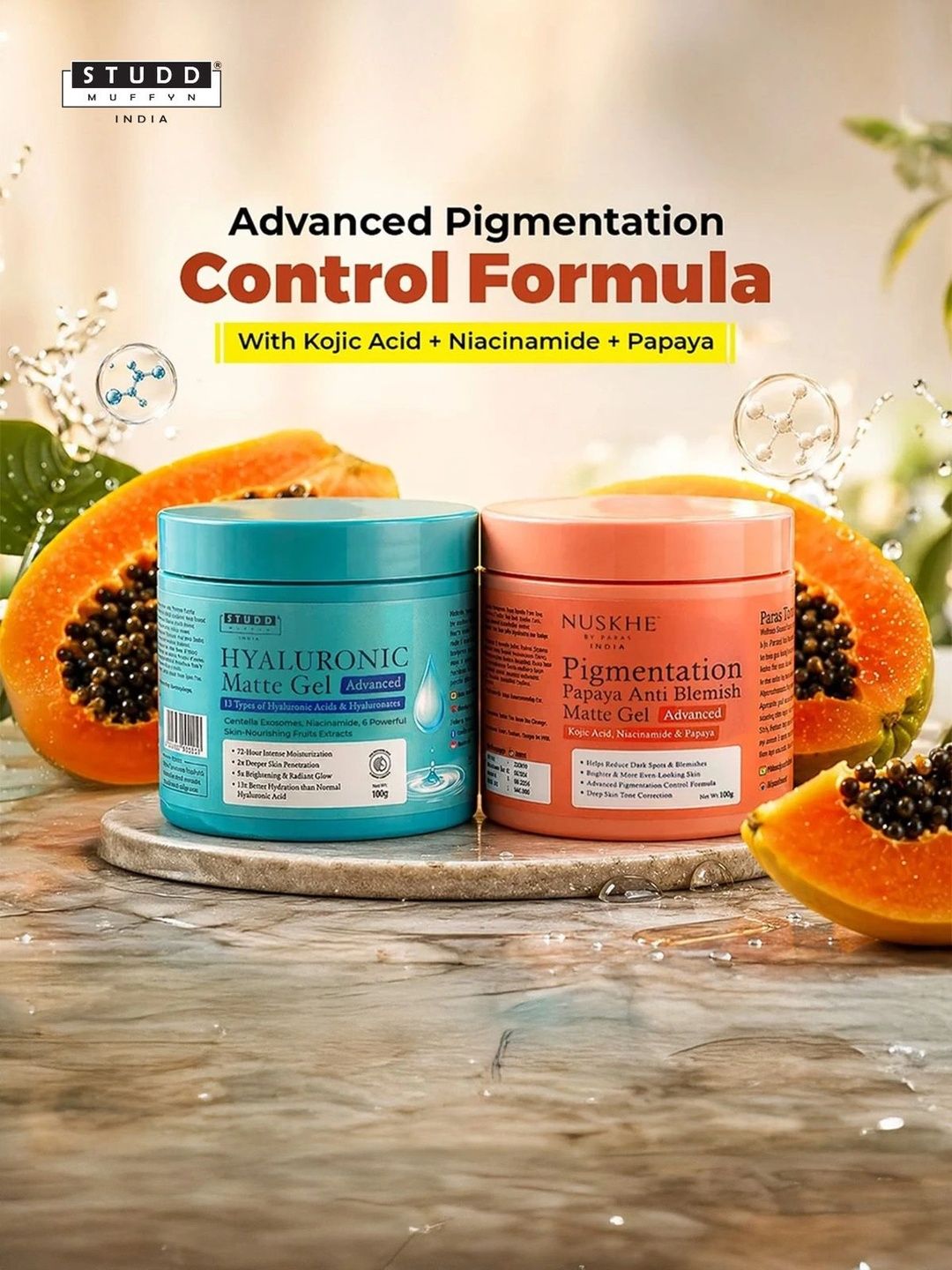 Studd Muffyn Set Of 2 Hyaluronic Water Gel & Pigmentation Papaya Cream - 100 g Each