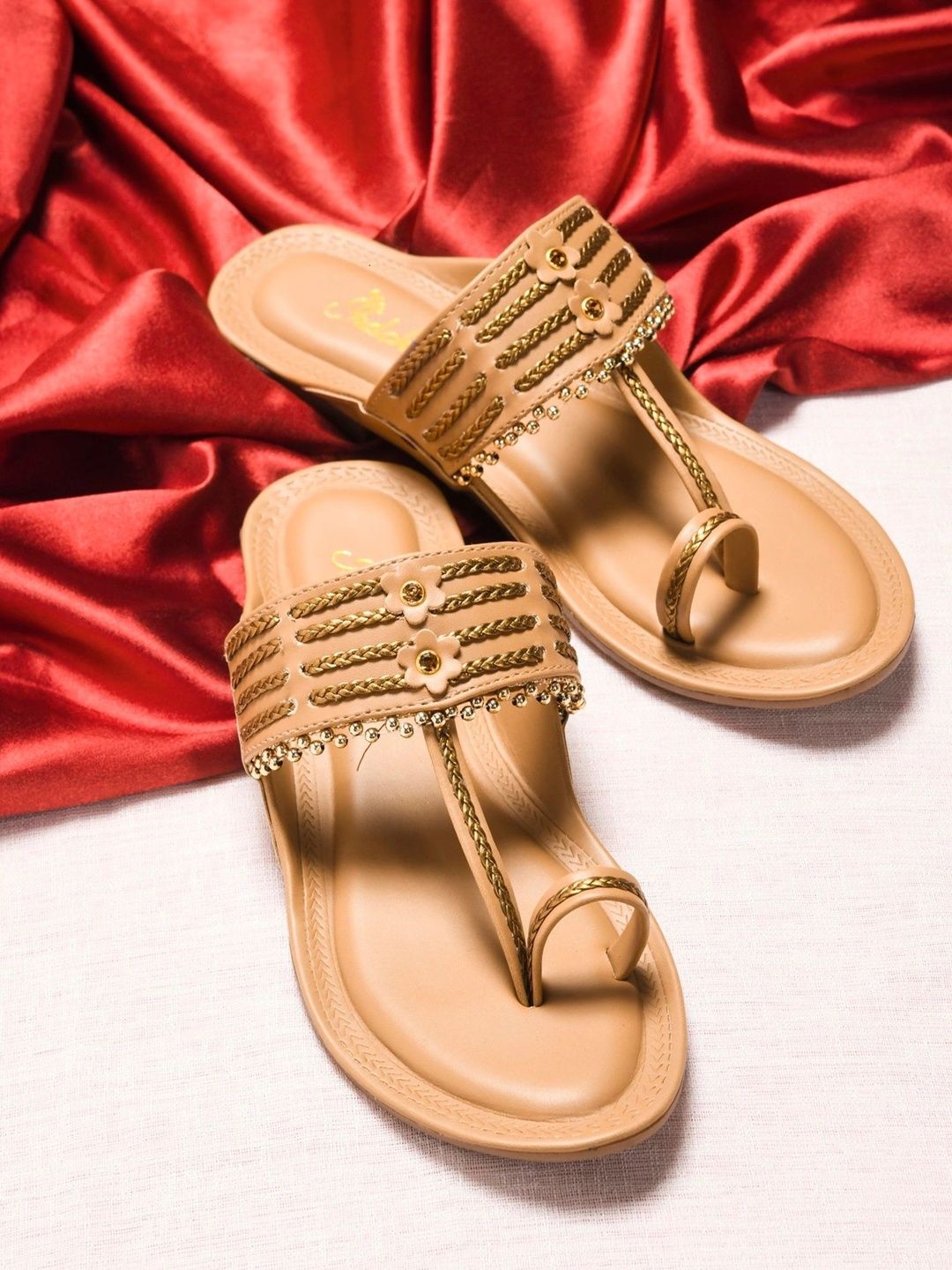 Padchin Women Embellished Ethnic T-Strap Flats with Embroidered