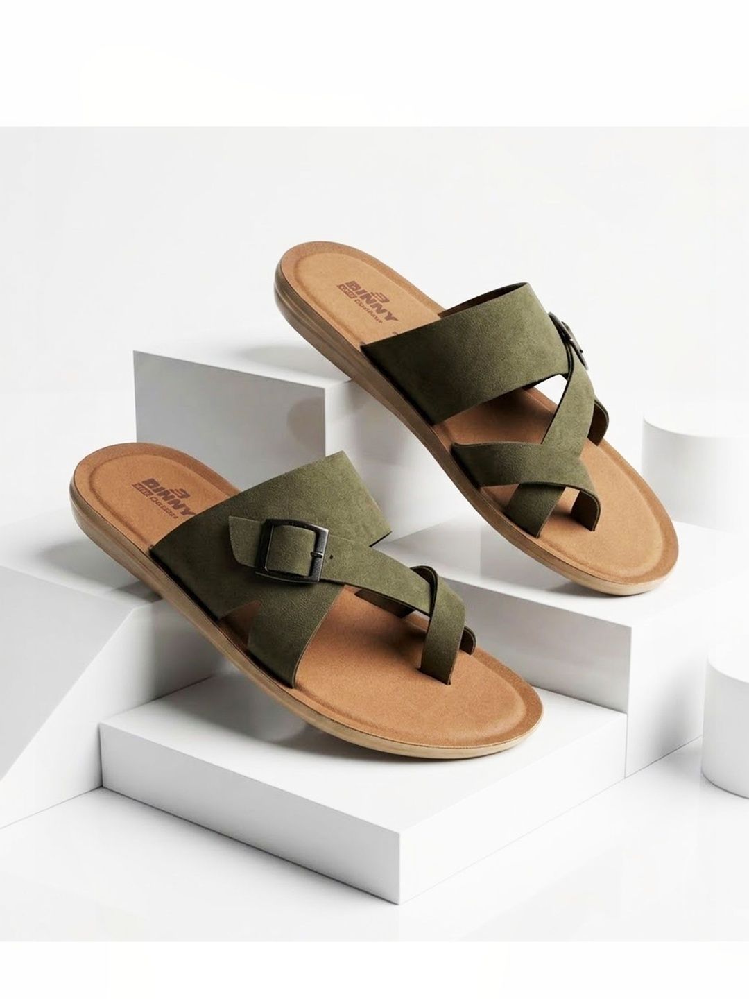 Binny Men Olive Synthetic Comfort Toe-Ring Sandals With Buckle Strap
