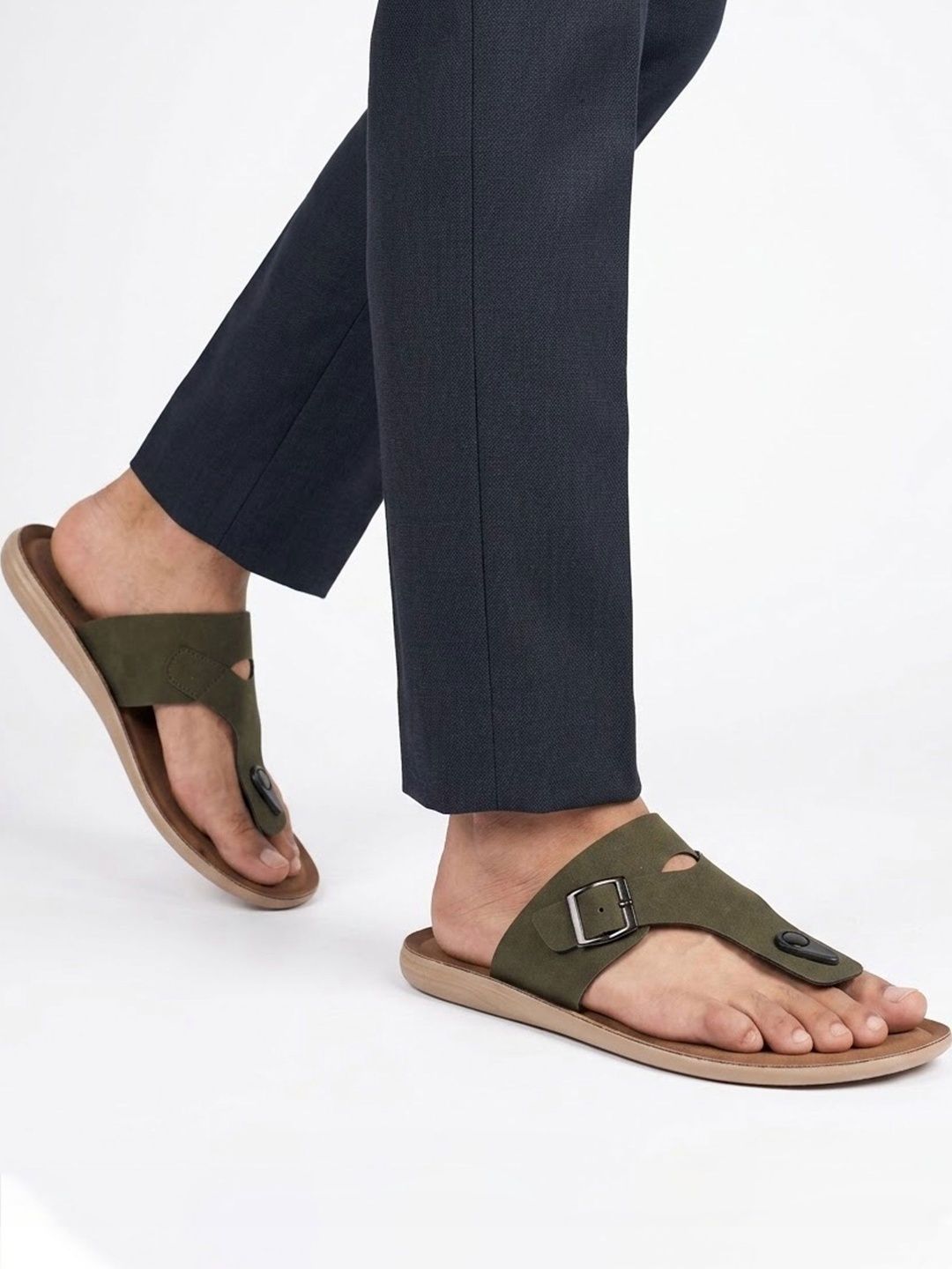 Binny Men Olive Synthetic Leather Toe-Ring Sandals with Adjustable Buckle Strap