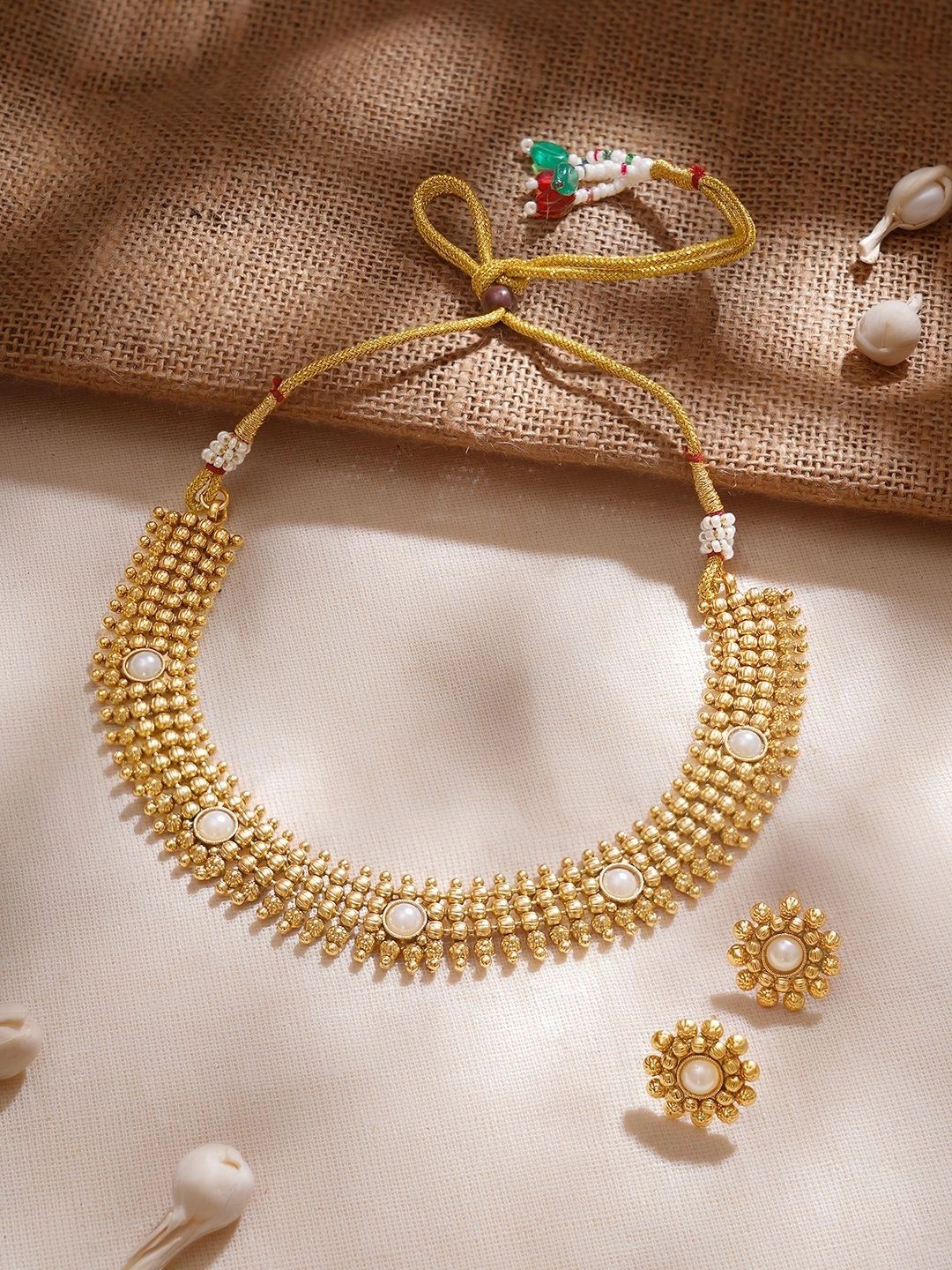 Rubans 22K Gold-Plated White Pearl Studded Traditional Choker Necklace Set with Gold Beads