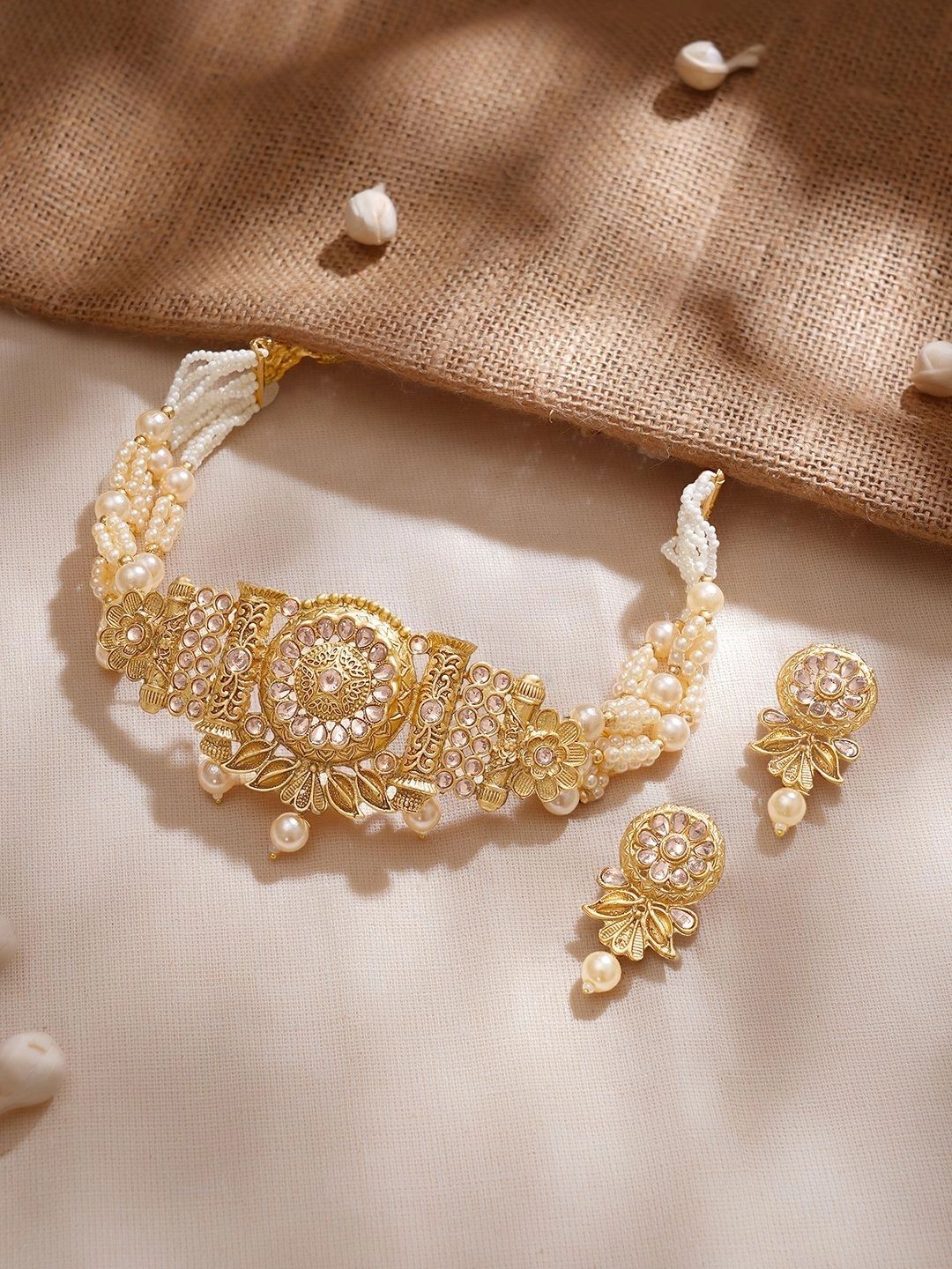 Buy Rubans 22K Gold Plated Pearl Beaded Multi Strand Choker Set With Kundan & Floral Motifs -  - Accessories for Women