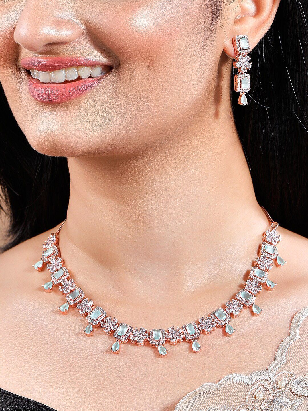 Rubans 22K Rose Gold Plated Mint Green Sapphire & CZ Studded Jewelry Set   Design