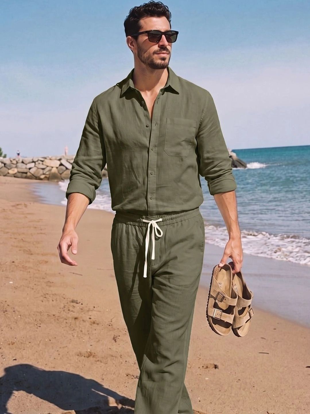 HERE&NOW Cotton Solid Shirt with Trousers
