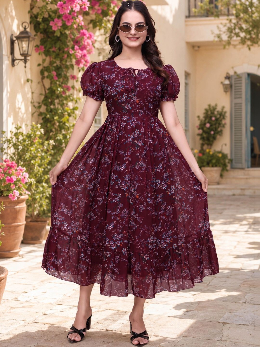 QENA Floral Print Puff Sleeve Georgette A-Line Midi Dress