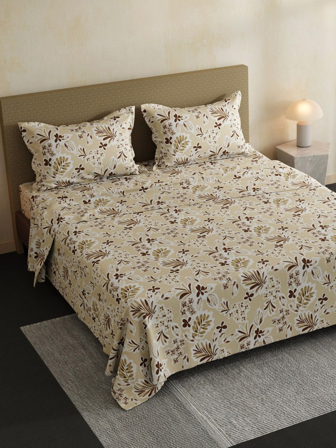 Layers Beige & Brown Floral 144 TC Bedsheet with 2 Pillow Covers