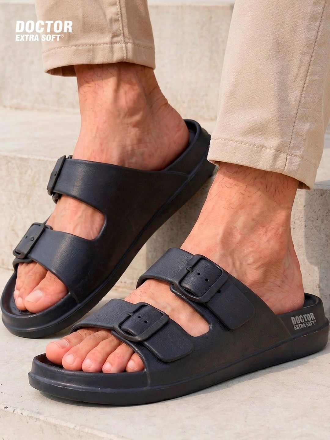 DOCTOR EXTRA SOFT Men Classic Cushion Lightweight Rubber Sliders With Buckle Detail